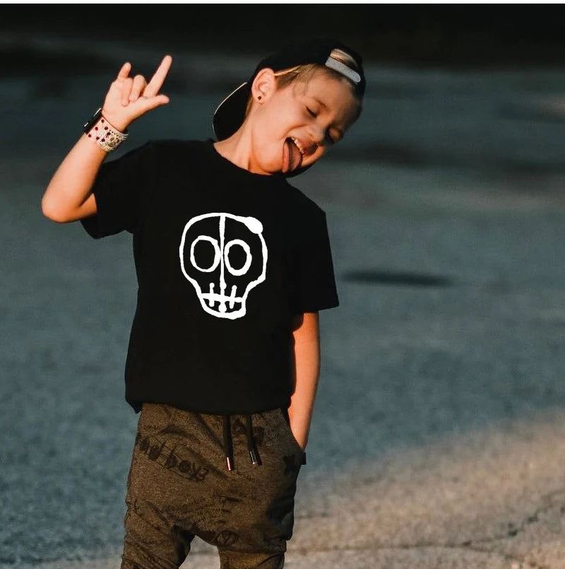 2024 Summer Children's T-Shirt Fashion 100% Cotton Boy T Shirt Girl Cartoon Skull Print Girl T-Shirt Top Boy Clothes 2-10Y