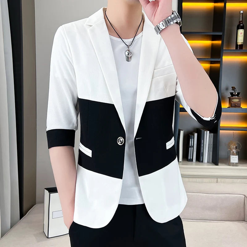 2023 Summer Fashion Patchwork Suit Jacket Thin 3/4 Sleeve Casual Blazer Streetwear Slim Social Barber Dress Coat Men Clothing