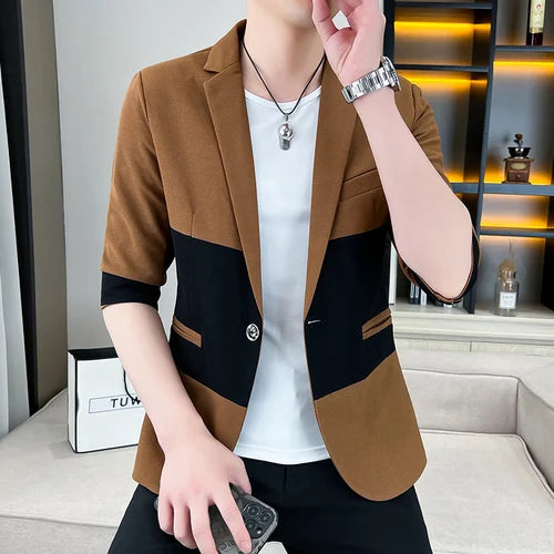 2023 Summer Fashion Patchwork Suit Jacket Thin 3/4 Sleeve Casual Blazer Streetwear Slim Social Barber Dress Coat Men Clothing