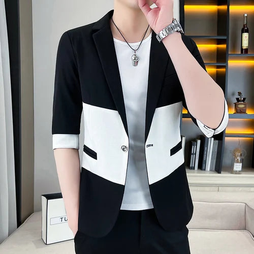 2023 Summer Fashion Patchwork Suit Jacket Thin 3/4 Sleeve Casual Blazer Streetwear Slim Social Barber Dress Coat Men Clothing